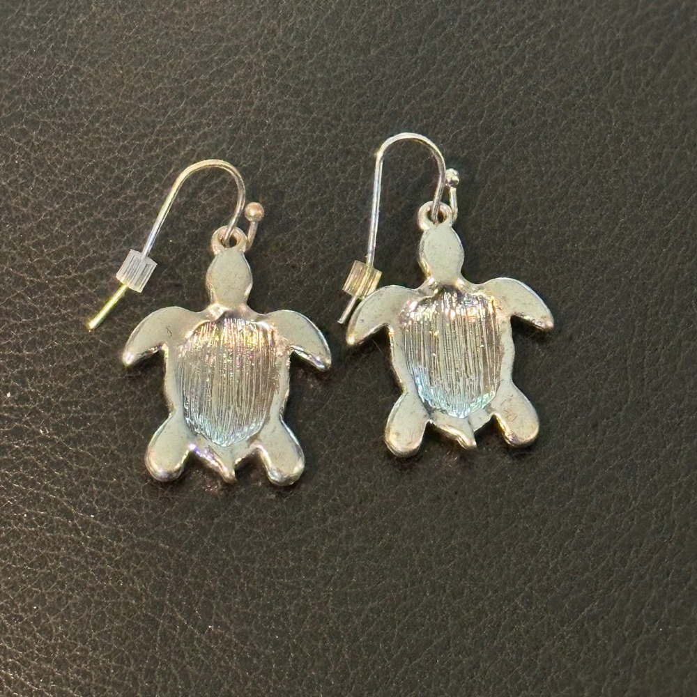 Green Orange Enamel Sea Turtle Drop Earrings Silver Tone Coastal Beach Jewelry - Picture 4 of 4